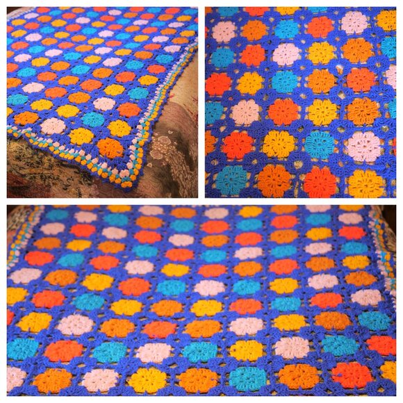 Vintage Other - vtg Blue Orange Crochet Granny Square Flower Afghan Throw Boho Hippie 57" x 81"